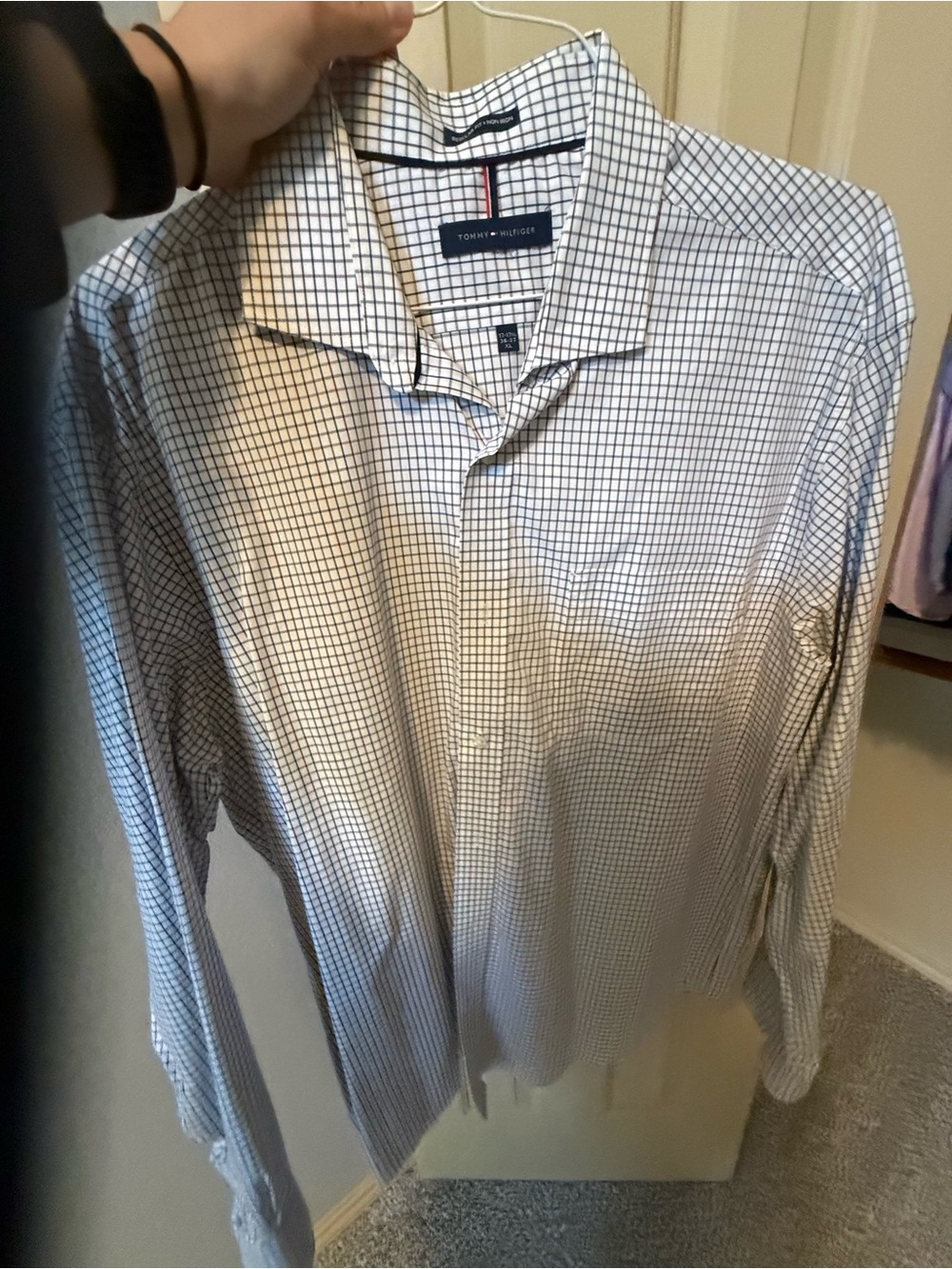 Tommy Hilfiger White and Navy Grid-Check Dress Shirt